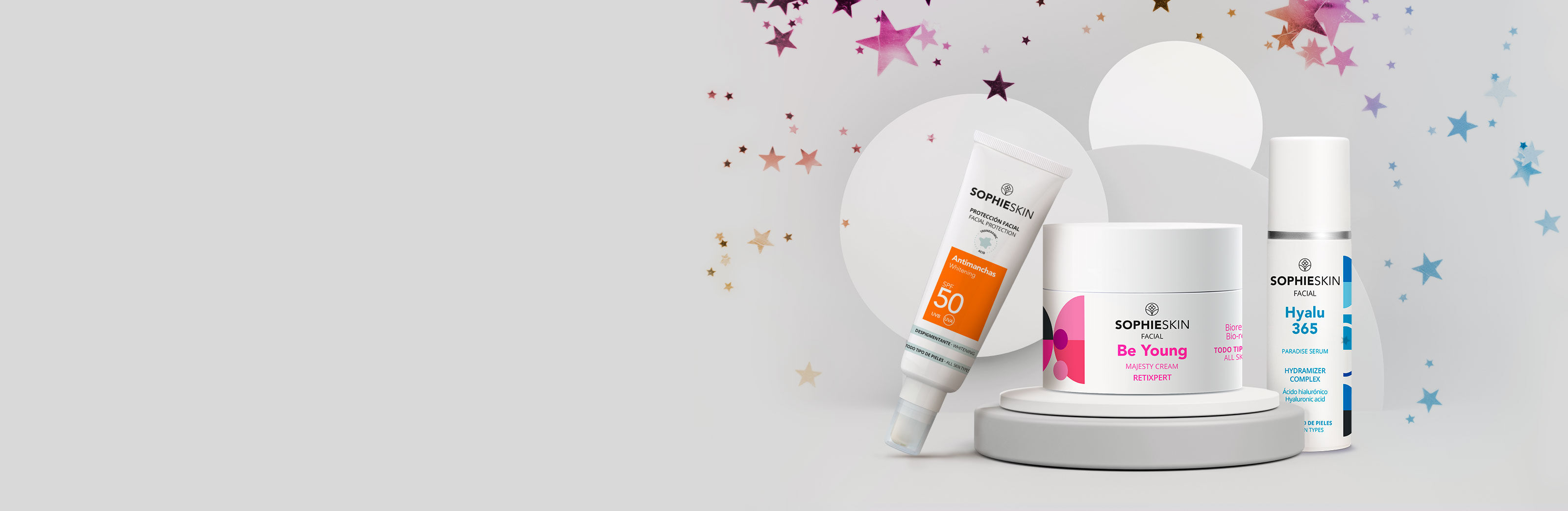 Imagen con tres productos de Sophieskin rodeados de estrellas