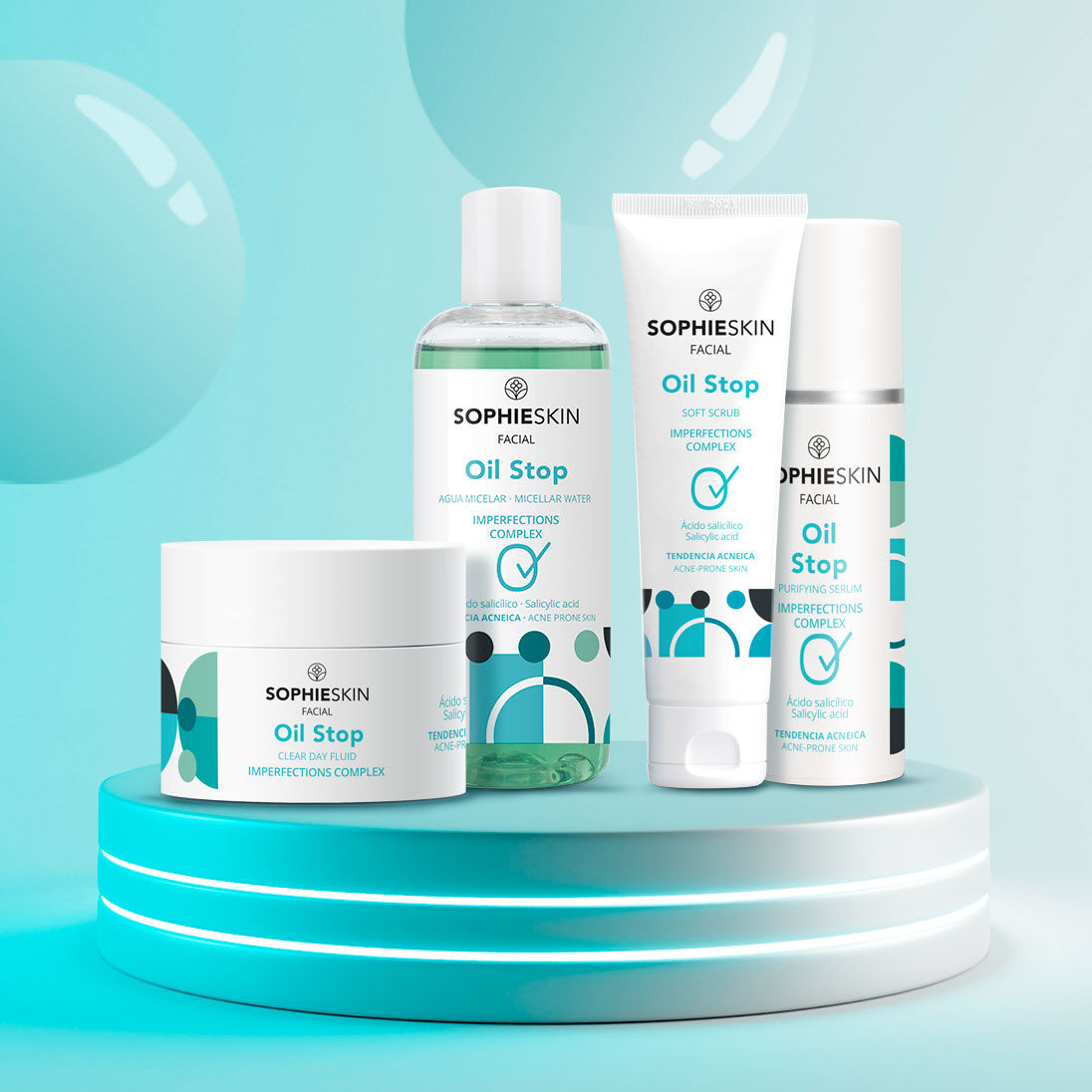 Imagen con cuatro productos Oil Stop y fondo azul verdoso