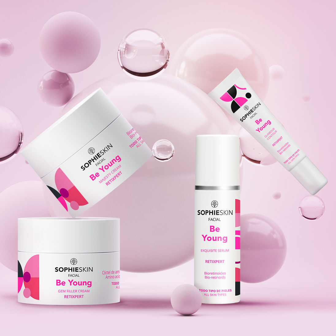 Imagen con cuatro productos Be Young y fondo rosa