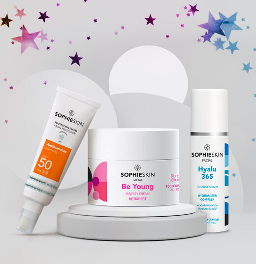 Imagen con tres productos de Sophieskin rodeados de estrellas