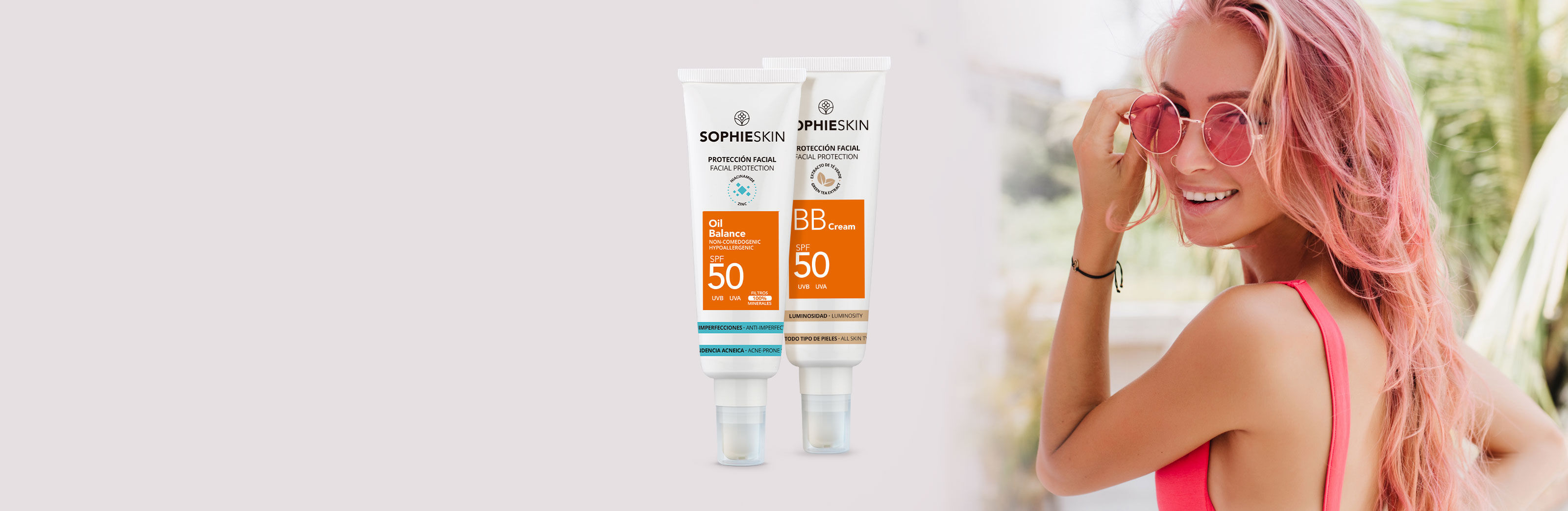 Imagen banner chica con pelo rosa sonriendo y al lado dos protectores faciales