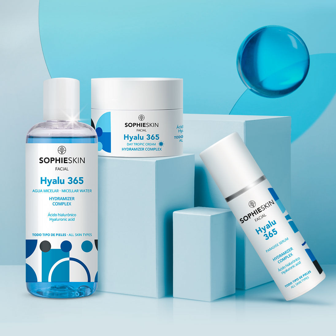 Imagen con tres productos Hyalu 365 y fondo azul