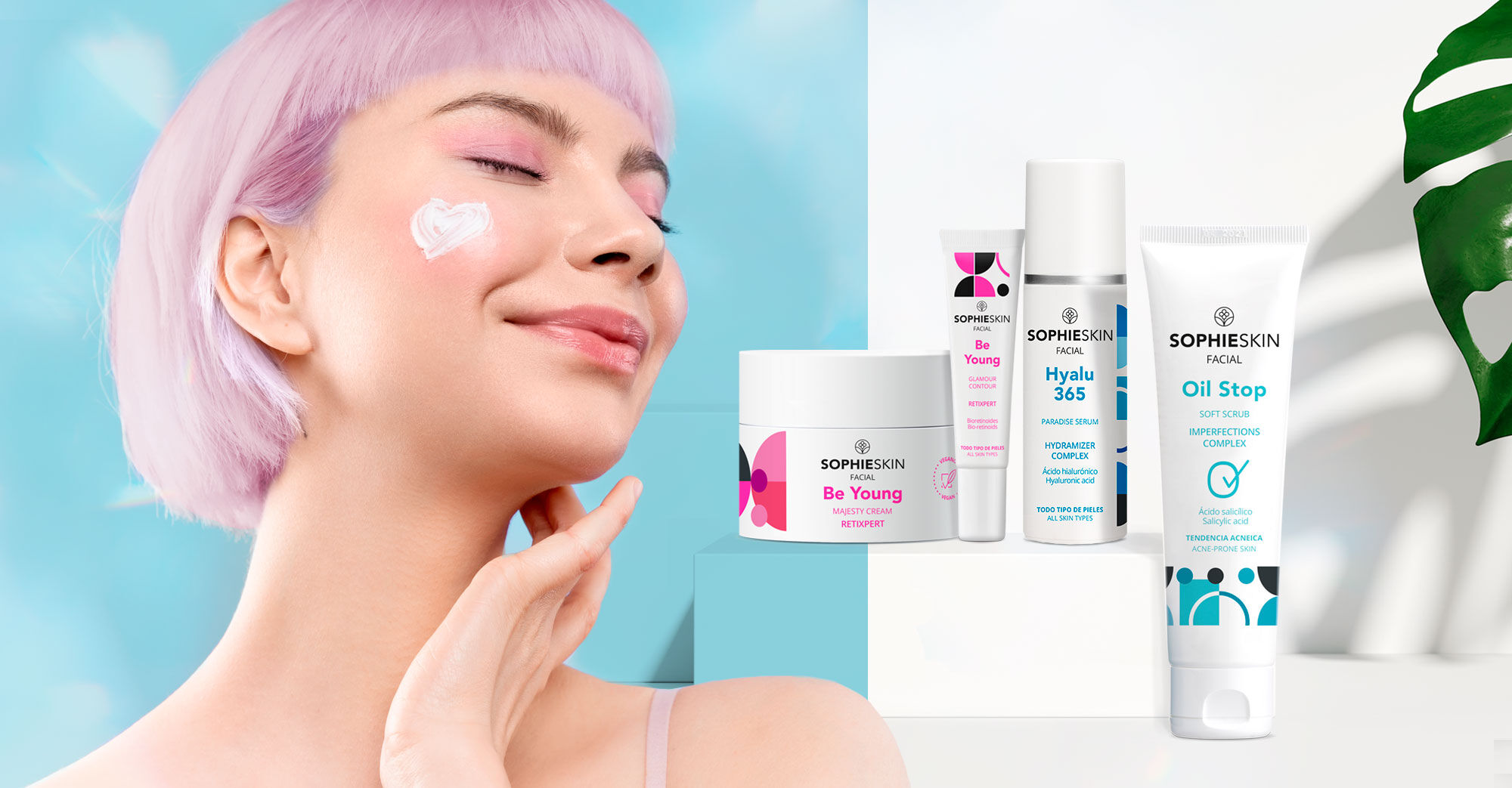 Imagen chica con pelo rosa sonriendo, ojos cerrados y crema en el pómulo, al lado cuatro productos Sophieskin