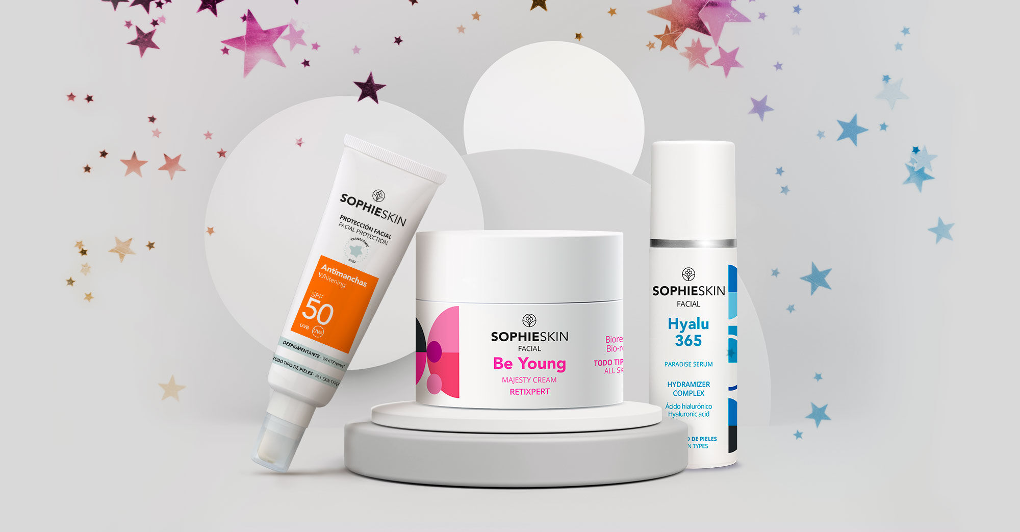 Imagen con tres productos de Sophieskin rodeados de estrellas